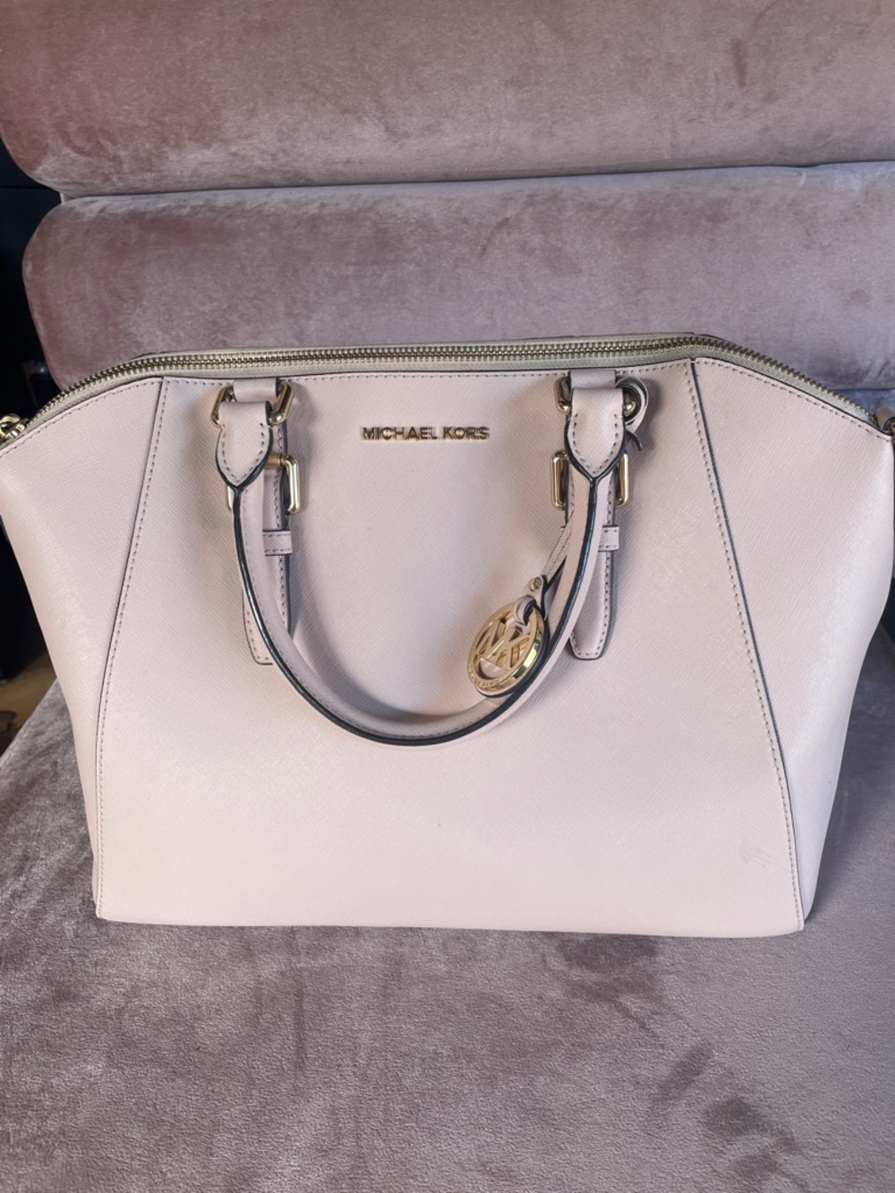 Michael Kors Soft Pink Saffiano Leather Satchel with Gold Hardware